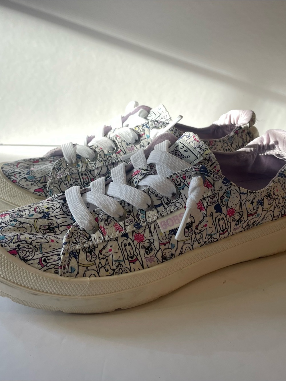 BOBS from Skechers Women's Beach Bingo Slip On Dog Print Sneakers White 7.5